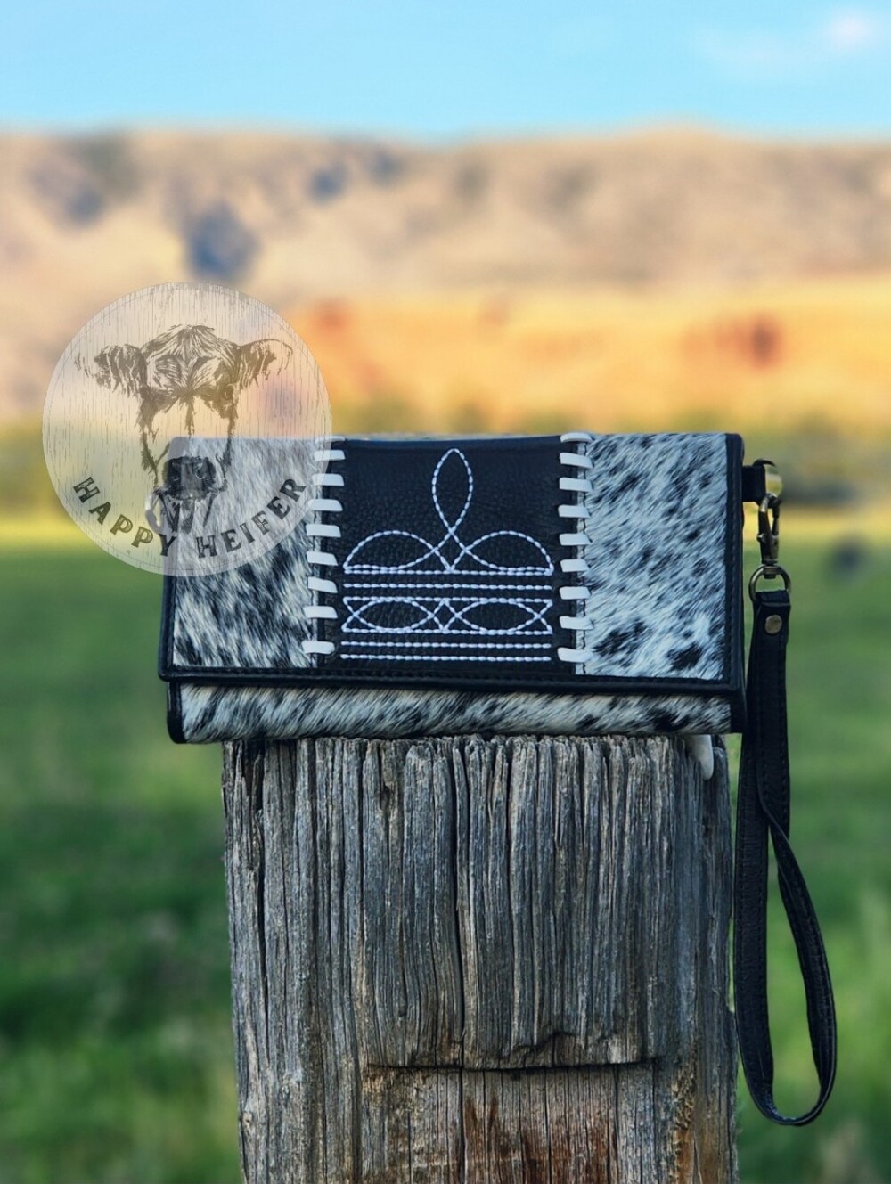 Boot-Stitch and Leather Cowhide Wristlet Wallet